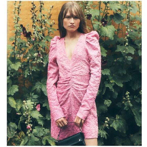 GANNI Stretch Jacquard V Neck Mini Dress in Orchid Smoke Pink Size 34 2 - Picture 2 of 15